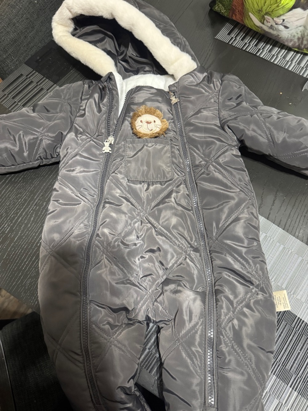 Toddler Gray Quilted Puffer Snowsuit with Fleece Hood and Lion Patch